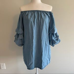 Zara chambray ruffle sleeve off shoulder dress